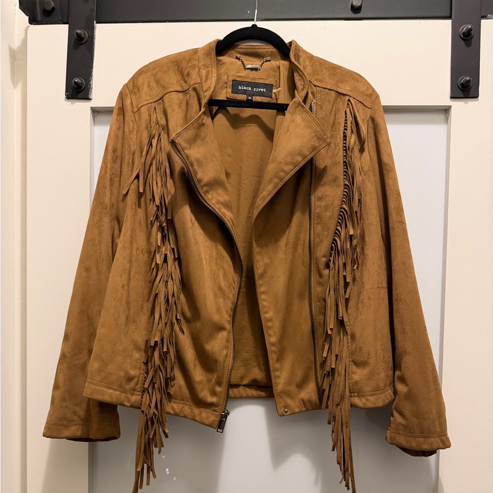 Black Rivet Brown Suede Fringe Jacket